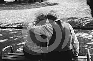 Old couple is sitting on bench in the park. Grandmother and grandfather at their golden wedding anniversary celebration. Fifty