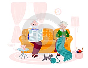 Old couple sitting in room, family time. Senior woman is knitting quilt of yard. Happy aged man is reading news paper