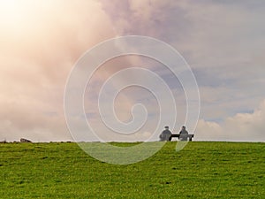 Old couple sitting on a wooden bench back to viewer, Cloudy sly and green grass, Concept relationship, togetherness