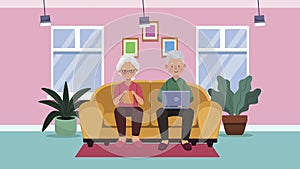 old couple in sofa characters animation