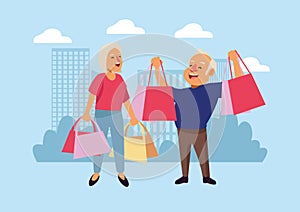 Old couple with sopping bags on the city active seniors characters