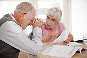 Old couple, stress and document for insurance in home for retirement planning for financial budget, problem or