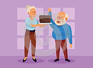 Old couple with sweet cake active seniors characters