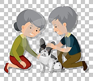 Old couple with their pet dogs isolated on transparent background