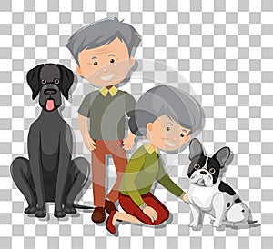 Old couple with their pet dogs isolated on transparent background