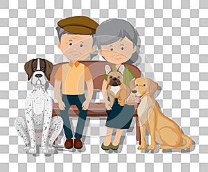 Old couple with their pet dogs isolated on transparent background