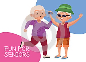 Old couple tourist with camera photographic and lettering active seniors characters