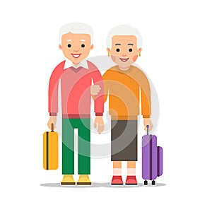 Old couple travel. Two aged people stand with bags and suitcases. Elderly man and woman stand together. Happy family concept.