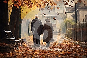 An old couple walk hand in hand from the park during the fall season.