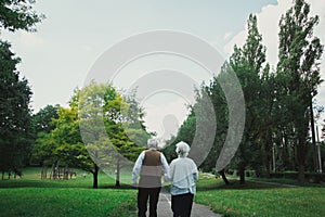 Old couple is walking away in the green park. Grandmother and grandfather at their golden wedding celebration. Grandma and grandpa