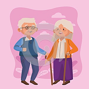 Old couple walking with canes active seniors characters scene