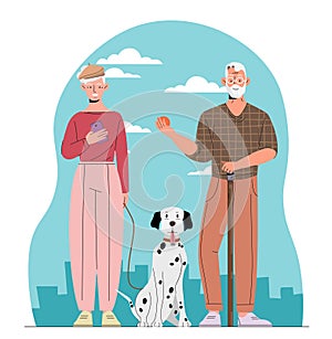 Old couple walking with dog vector