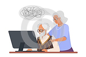 Old couples computer problems, confused senior man and woman sitting in front of monitor