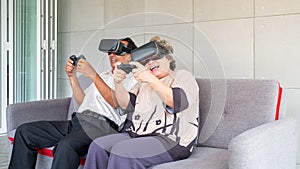 Old couples learn vr technology joyfully in retirement.retirement lifestyle and technology