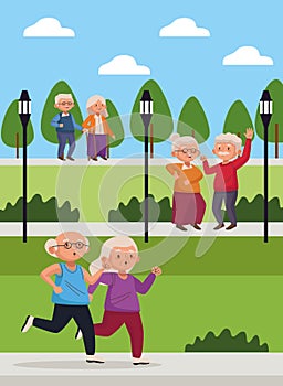 Old couples in the park scenes active seniors characters