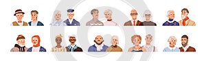 Old couples set. Happy elderly man and woman, face avatars. Senior aged people, married spouses, wife and husband