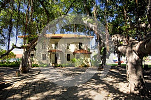 Old Courthouse and Banyan tree in courtyard square. Lahaina Harbor on Front street, Maui, Hawaii