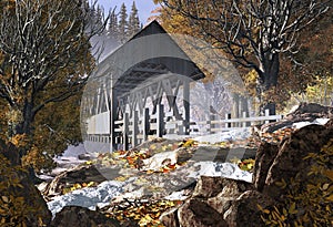 Old Covered Bridge And Robin