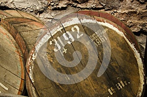 Old covers of oak barrels from beverage