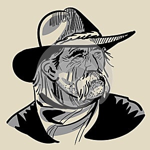 Old Cowboy with a hat. Portrait. Digital Sketch Hand Drawing Vector.