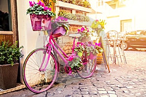 Old cozy street in Trastevere, Rome, Italy with a purple bicycle