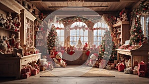 Old cozy toyshop with Christmas decorations inside view