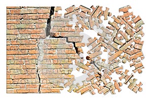 Old cracked brick wall in puzzle shape - concept image