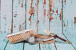 Old Crayon in box on book note