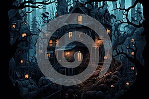 Old creepy horror night haunted halloween fantasy black house autumn mysterious dark