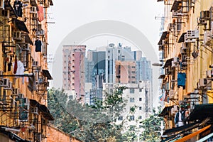 Old crowded apartments exterior in Hong Kong