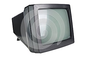 Old CRT computer monitor with on white background. photo