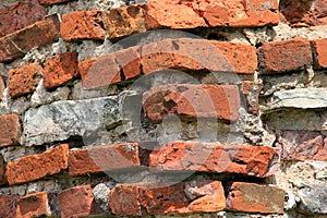 Old crumbling masonry wall with red bricks and stones.Old red brick wall, grunge background