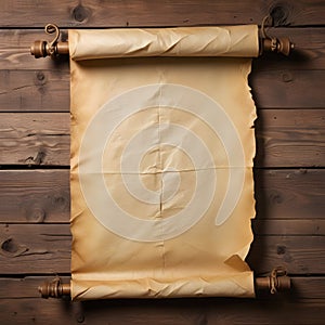 An old, crumpled parchment scroll hanging on a wooden wall