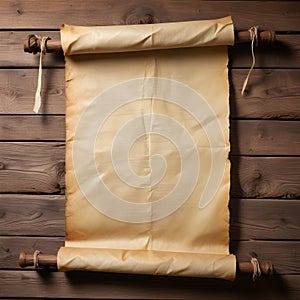 An old, crumpled parchment scroll hanging on a wooden wall