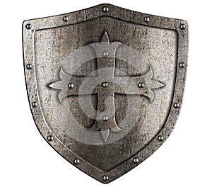 Old crusader metal shield with cross isolated photo