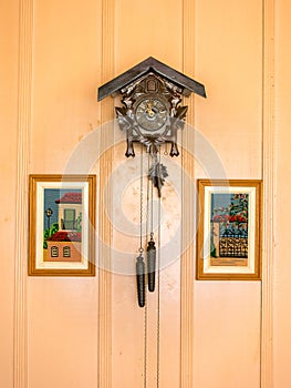 Old cuckoo clock on the wood wall in an old vintage house