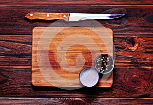 Old cutting board on wooden background.