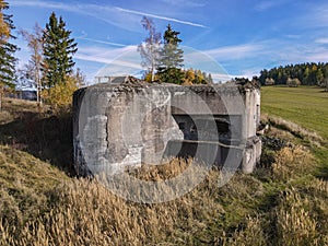 Old czechoslovak concrete fort on the hill, Rychlebske hory. Czechia