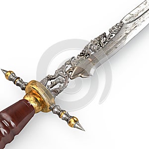 Old dagger vintage carved rare and collectible isolated on white. 3d illustration.