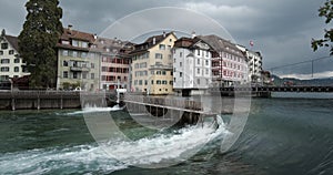 Old dam Nadelwehr in the center of the old town of Lucerne on the Reuss river, Switzerland