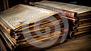 Old, damaged books or history scrolls written in the Middle Ages or earlier.