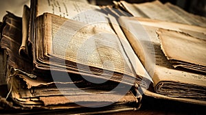 Old, damaged books or history scrolls written in the Middle Ages or earlier.