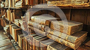 Old or damaged books shelf in an old library