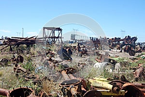 Old damaged cars in the junkyard. Car graveyard