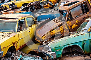 Old damaged cars on the junkyard waiting for recycling