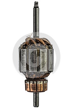 Old damaged rotor of electric motor, isolated on white