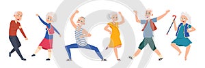 Old dancing people. Cartoon happy older characters, group of senior age persons having good time. Vector flat funny