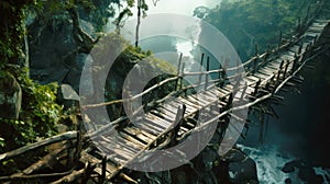 Old dangerous wooden bridge in tropical mountains, vintage suspension footbridge across river. Scenery of green jungle and water.