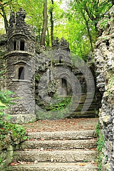 old dark castle in the green forest