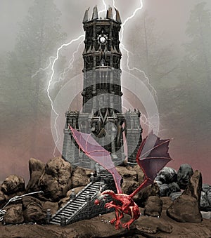 Old dark tower with a wild dragon